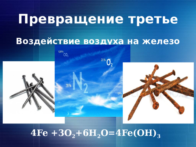 Превращение треть е Воздействие воздуха на железо 4Fe +3O 2 +6H 2 O=4Fe(OH) 3 