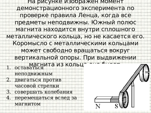 На рисунке изображен момент демонстрационного эксперимента по проверке правила Ленца, когда все предметы неподвижны. Южный полюс магнита находится внутри сплошного металлического кольца, но не касается его. Коромысло с металлическими кольцами может свободно вращаться вокруг вертикальной опоры. При выдвижении магнита из кольца оно будет