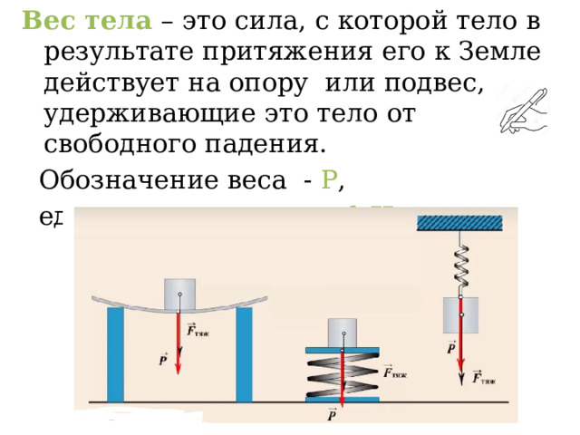 Вес тела – это сила, с которой тело в результате притяжения его к Земле действует на опору или подвес, удерживающие это тело от свободного падения.  Обозначение веса - Р ,  единица измерения - 1 Ньютон . 