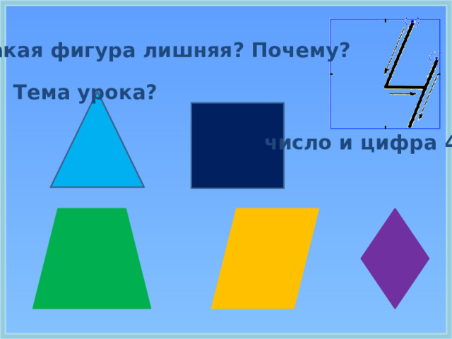 Какая фигура лишняя? Почему? Тема урока? число и цифра 4 3 .  Открытие нового знания (знакомимся с основным вопросом урока).