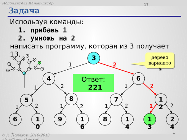  Задача Используя команды: 1. прибавь 1 2. умножь на 2 написать программу, которая из 3 получает 13. 3 дерево вариантов 8 16 9 14 2 2 1 7 13 8 10 12 5 24 6 4 6 3 6 4 Ответ: 221 1 2 2 2 1 8 7 12 5 2 2 2 1 1 1 1 2 1 14 13 6 10 9 16 24 8 