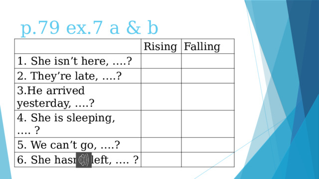 p.79 ex.7 a & b Rising 1. She isn’t here, ….? Falling 2. They’re late, ….? 3.He arrived yesterday, ….? 4. She is sleeping, …. ? 5. We can’t go, ….? 6. She hasn’t left, …. ? 