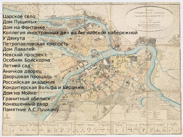 Царское село Дом Пущиных Дом на Фонтанке Коллегия иностранных дел на Английской набережной У Демута Петропавловская крепость Дом Лавалей Невский проспект Особняк Брискорна Летний сад Аничков дворец Дворцовая площадь Российская академия Кондитерская Вольфа и Беранже Дом на Мойке Гранитный обелиск Конюшенный двор Памятник А.С.Пушкину 