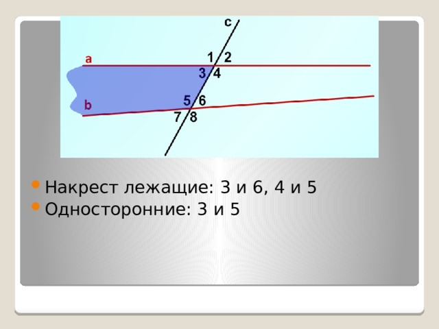 Накрест лежащие: 3 и 6, 4 и 5 Односторонние: 3 и 5 