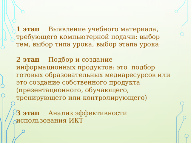 1 этап Выявление учебного материала, требующего компьютерной подачи: выбор тем, выбор типа урока, выбор этапа урока 2 этап Подбор и создание информационных продуктов: это подбор готовых образовательных медиаресурсов или это создание собственного продукта (презентационного, обучающего, тренирующего или контролирующего) 3 этап Анализ эффективности использования ИКТ