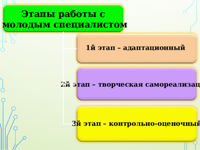 Этапы работы с  молодым специалистом  1й этап – адаптационный  2й этап – творческая самореализация  3й этап – контрольно-оценочный