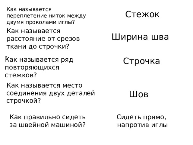 Как называется переплетение ниток между двумя проколами иглы? ? Стежок Как называется расстояние от срезов ткани до строчки? Ширина шва Как называется ряд повторяющихся стежков? Строчка Как называется место соединения двух деталей строчкой? Шов Как правильно сидеть за швейной машиной? Сидеть прямо, напротив иглы 