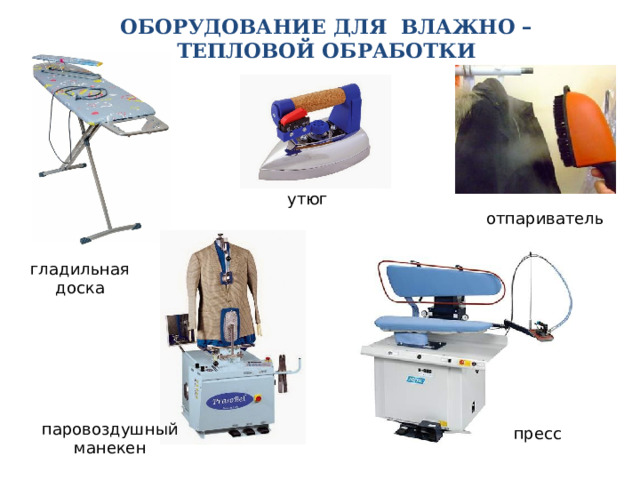 Оборудование для влажно –тепловой обработки утюг отпариватель гладильная доска паровоздушный манекен пресс 