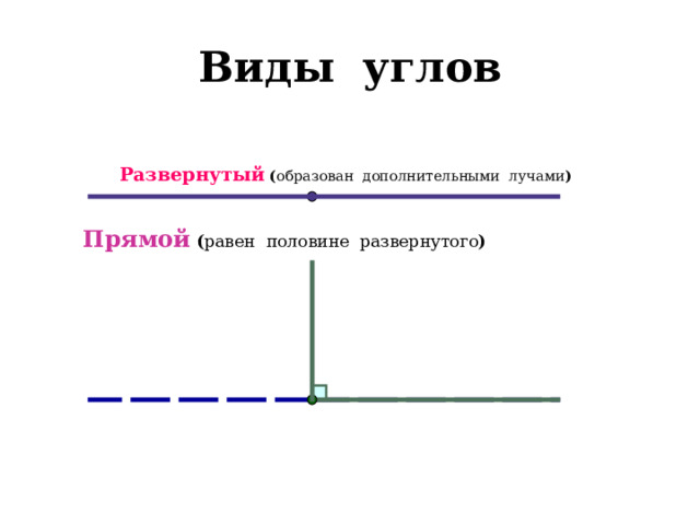 Виды углов Развернутый ( образован дополнительными лучами ) Прямой  ( равен половине развернутого ) 