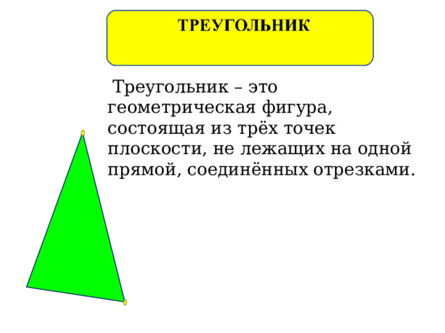  Треугольник – это геометрическая фигура, состоящая из трёх точек плоскости, не лежащих на одной прямой, соединённых отрезками. 