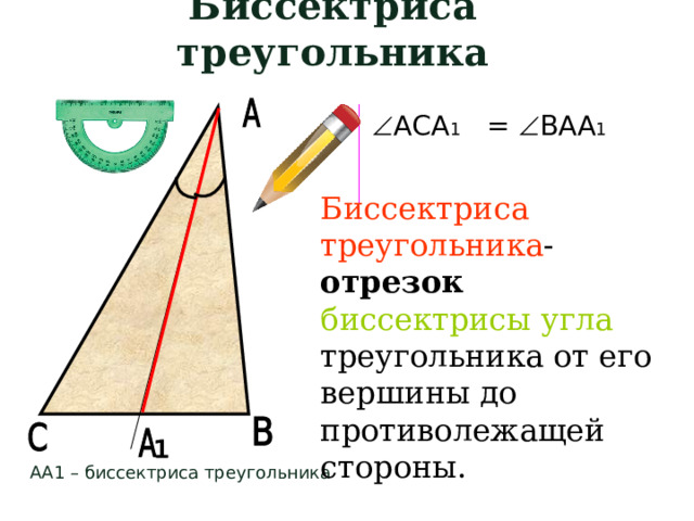 Биссектриса треугольника  АСА 1 =  ВАА 1 Биссектриса треугольника - отрезок  биссектрисы угла треугольника от его вершины до противолежащей стороны. АА1 – биссектриса треугольника  