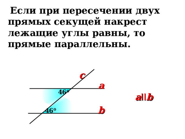 Если при пересечении двух прямых секущей накрест лежащие углы равны, то прямые параллельны. c a 46 0 a II b b 46 0 
