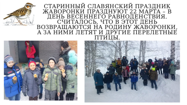 Старинный славянский праздник Жаворонки празднуют 22 марта – в день весеннего равноденствия. Считалось, что в этот день возвращаются на родину жаворонки, а за ними летят и другие перелетные птицы. 