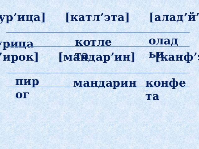 [кур’ица] [катл’эта] [алад’й’и]  Курица [п’ирок] [мандар’ин] [канф’эта]  оладьи котлета пирог мандарин конфета