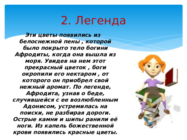 2. Легенда Эти цветы появились из белоснежной пены , которой было покрыто тело богини Афродиты, когда она вышла из моря. Увидев на нем этот прекрасный цветок , боги окропили его нектаром , от которого он приобрел свой нежный аромат. По легенде, Афродита, узнав о беде, случившейся с ее возлюбленным Адонисом, устремилась на поиски, не разбирая дороги. Острые камни и шипы ранили её ноги. Из капель божественной крови появились красные цветы. 