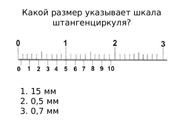 Какой размер указывает шкала штангенциркуля?  15 мм  0,5 мм  0,7 мм 