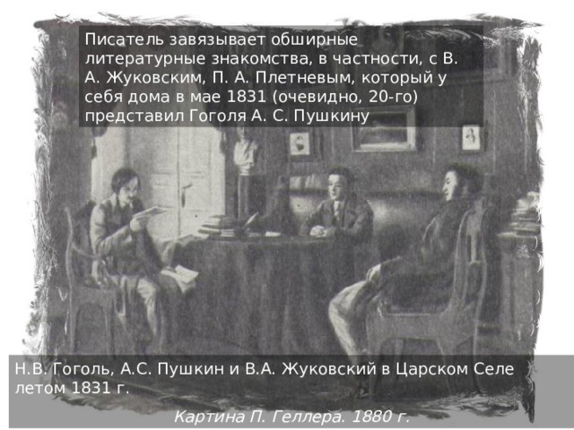 Писатель завязывает обширные литературные знакомства, в частности, с В. А. Жуковским, П. А. Плетневым, который у себя дома в мае 1831 (очевидно, 20-го) представил Гоголя А. С. Пушкину Н.В. Гоголь, А.С. Пушкин и В.А. Жуковский в Царском Селе летом 1831 г. Картина П. Геллера. 1880 г. 