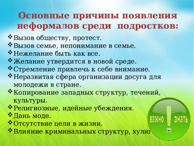 Основные причины появления неформалов среди подростков: Вызов обществу, протест. Вызов семье, непонимание в семье. Нежелание быть как все. Желание утвердится в новой среде. Стремление привлечь к себе внимание. Неразвитая сфера организации досуга для молодежи в стране. Копирование западных структур, течений, культуры. Религиозные, идейные убеждения. Дань моде. Отсутствие цели в жизни. Влияние криминальных структур, хулиганство. 