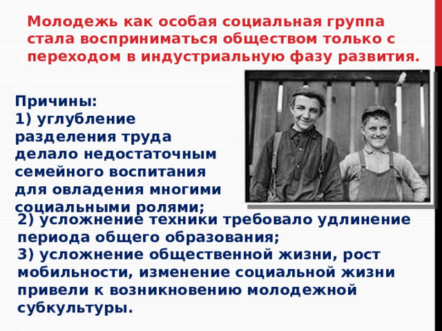 Молодежь как особая социальная группа стала восприниматься обществом только с переходом в индустриальную фазу развития. Причины: 1) углубление разделения труда делало недостаточным семейного воспитания для овладения многими социальными ролями; 2) усложнение техники требовало удлинение периода общего образования; 3) усложнение общественной жизни, рост мобильности, изменение социальной жизни привели к возникновению молодежной субкультуры. 