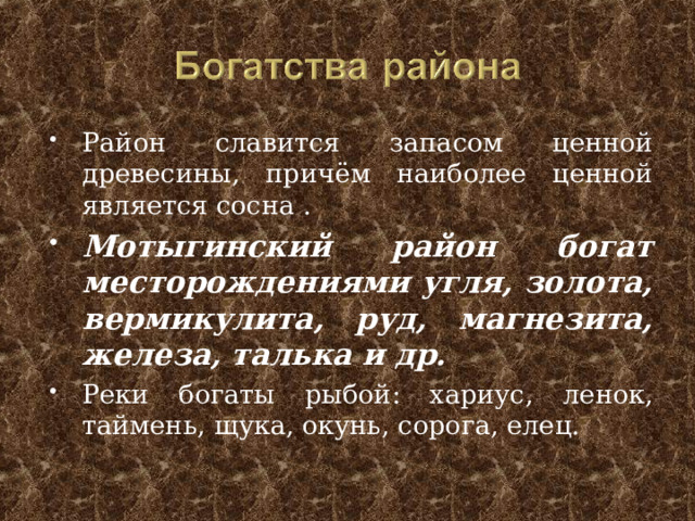 Район славится запасом ценной древесины, причём наиболее ценной является сосна . Мотыгинский район богат месторождениями угля, золота, вермикулита, руд, магнезита, железа, талька и др. Реки богаты рыбой: хариус, ленок, таймень, щука, окунь, сорога, елец.