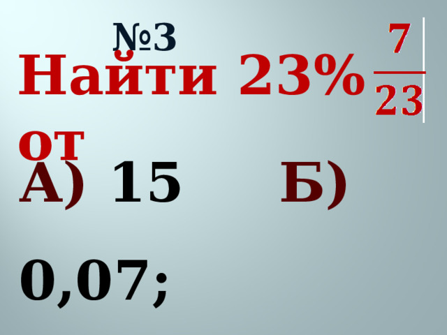 № 3 Найти 23% от  А) 15 Б) 0,07; В) 7; Г) 0,23.