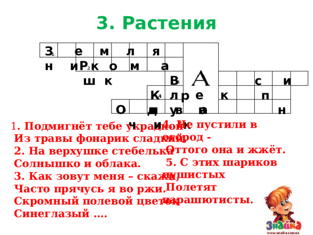 3. Растения З е м л я н и к Р о м а ш к В с и л е к К р п и в а О д у в н ч и к 4. Не пустили в огород -  Оттого она и жжёт.  5. С этих шариков пушистых  Полетят парашютисты. 1 . Подмигнёт тебе украдкой  Из травы фонарик сладкий.  2. На верхушке стебелька  Солнышко и облака.  3. Как зовут меня – скажи,  Часто прячусь я во ржи.  Скромный полевой цветок  Синеглазый ….  