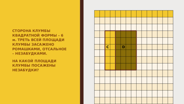 С D СТОРОНА КЛУМБЫ КВАДРАТНОЙ ФОРМЫ – 6 м. ТРЕТЬ ВСЕЙ ПЛОЩАДИ КЛУМБЫ ЗАСАЖЕНО РОМАШКАМИ, ОТСАЛЬНОЕ – НЕЗАБУДКАМИ. НА КАКОЙ ПЛОЩАДИ КЛУМБЫ ПОСАЖЕНЫ НЕЗАБУДКИ? 