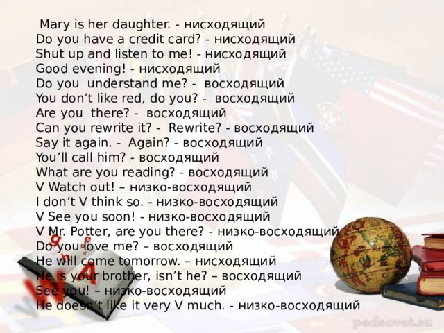  Mary is her daughter. - нисходящий Do you have a credit card? - нисходящий Shut up and listen to me! - нисходящий Good evening! - нисходящий Do you understand me? - восходящий You don’t like red, do you? - восходящий Are you there? - восходящий Can you rewrite it? - Rewrite? - восходящий Say it again. - Again? - восходящий You’ll call him? - восходящий What are you reading? - восходящий V Watch out! – низко-восходящий I don’t V think so. - низко-восходящий V See you soon! - низко-восходящий V Mr. Potter, are you there? - низко-восходящий Do you love me? – восходящий He will come tomorrow. – нисходящий He is your brother, isn’t he? – восходящий See you! – низко-восходящий He doesn’t like it very V much. - низко-восходящий 