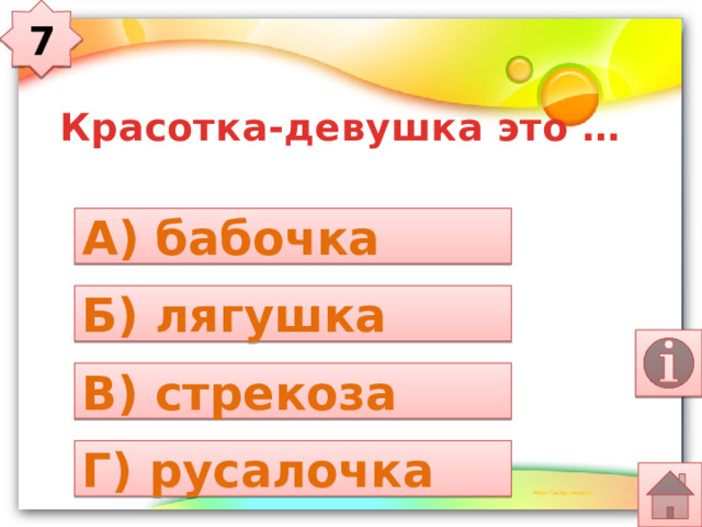 7 Красотка-девушка это … А) бабочка Б) лягушка В) стрекоза Г) русалочка 