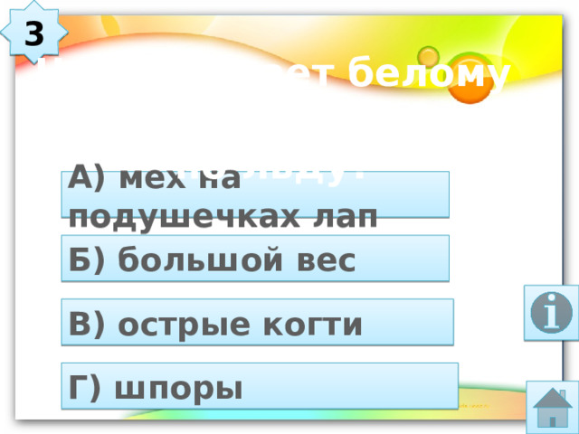 3 Что помогает белому медведю не скользить по льду? А) мех на подушечках лап Б) большой вес В) острые когти Г) шпоры 