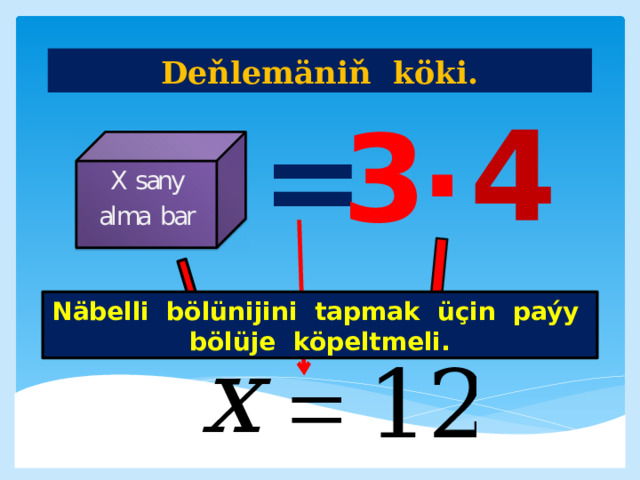 Deňlemäniň köki. Näbelli bölünijini tapmak üçin paýy bölüje köpeltmeli. 