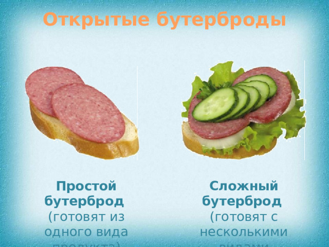 Открытые бутерброды Простой бутерброд Сложный бутерброд (готовят из одного вида продукта) (готовят с несколькими видами продуктов)