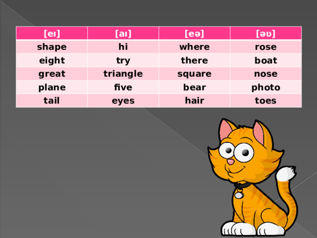 [eı] [aı] shape eight [eə] hi try great where [əʋ] rose triangle plane there boat square five tail nose bear eyes photo hair toes 