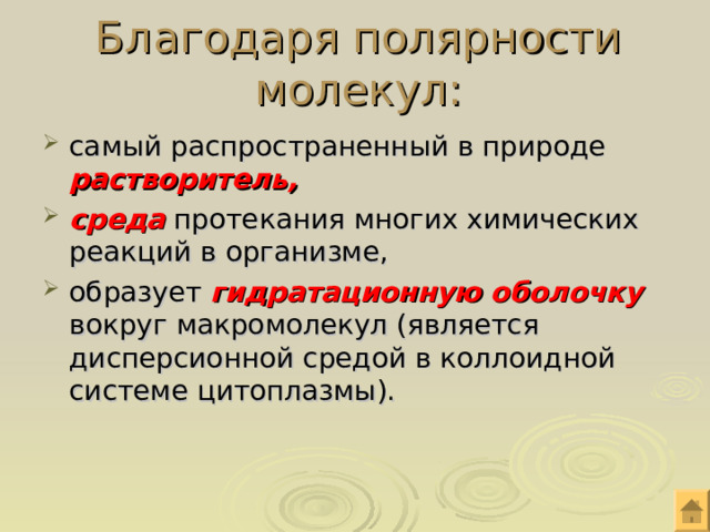 Благодаря полярности молекул: самый распространенный в природе растворитель, среда протекания многих химических реакций в организме, образует гидратационную оболочку вокруг макромолекул (является дисперсионной средой в коллоидной системе цитоплазмы). 