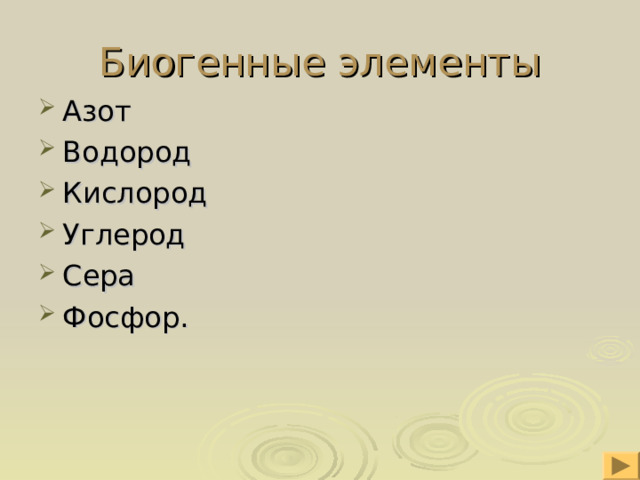 Биогенные элементы Азот Водород Кислород Углерод Сера Фосфор. 