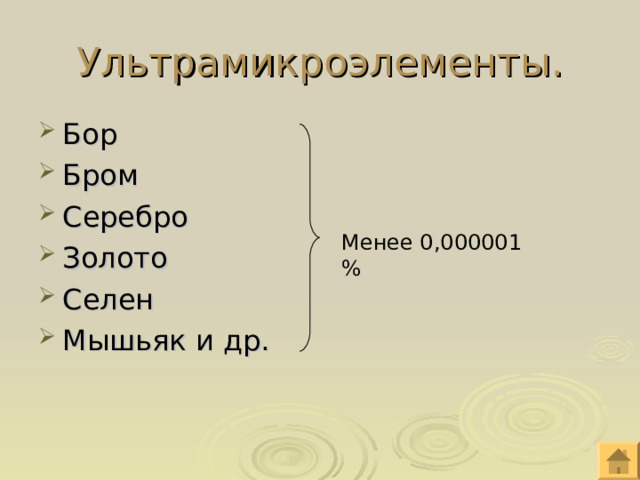 Ультрамикроэлементы. Бор Бром Серебро Золото Селен Мышьяк и др. Менее 0,000001 % 