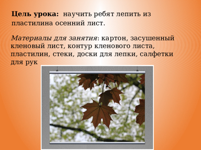 Цель урока:  научить ребят лепить из пластилина осенний лист. Материалы для занятия : картон, засушенный кленовый лист, контур кленового листа, пластилин, стеки, доски для лепки, салфетки для рук 