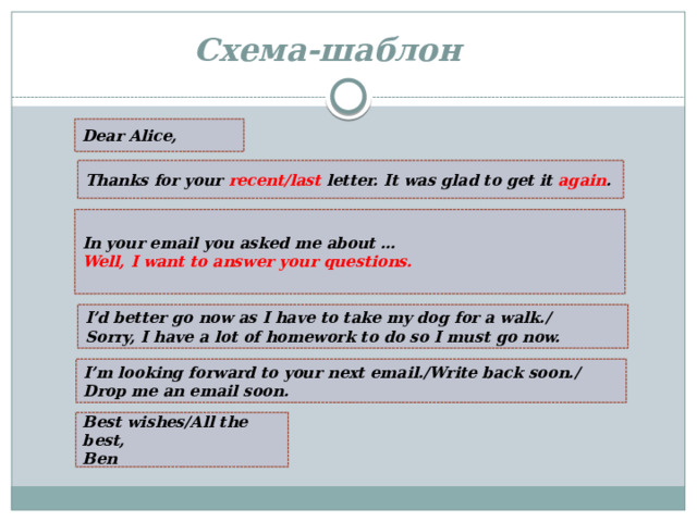 Схема-шаблон    Dear Alice, Thanks for your recent/last letter. It was glad to get it again . In your email you asked me about … Well, I want to answer your questions. I’d better go now as I have to take my dog for a walk./ Sorry, I have a lot of homework to do so I must go now. I’m looking forward to your next email./Write back soon./ Drop me an email soon. Best wishes/All the best, Ben  