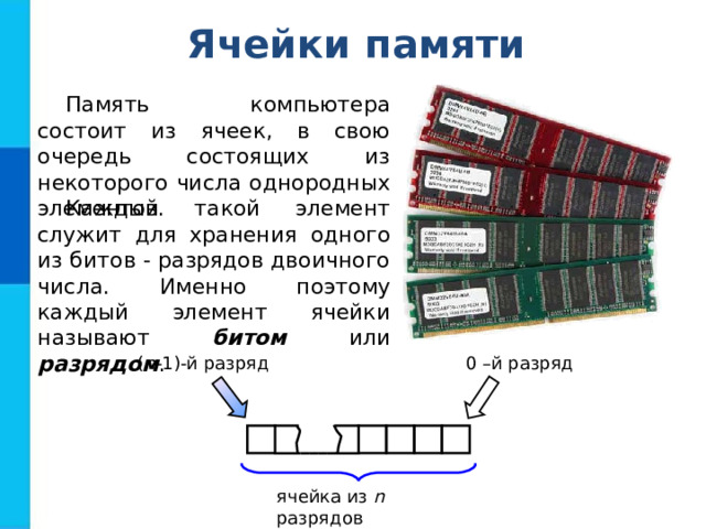 Ячейки памяти Память компьютера состоит из ячеек, в свою очередь состоящих из некоторого числа однородных элементов. Каждый такой элемент служит для хранения одного из битов - разрядов двоичного числа. Именно поэтому каждый элемент ячейки называют битом или разрядом . ( n -1)-й  разряд 0 –й разряд ячейка из n разрядов 