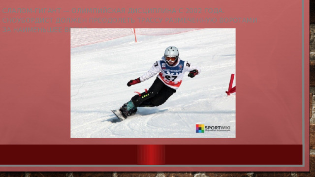 Слалом-гигант — олимпийская дисциплина с 2002 года. Сноубордист должен преодолеть трассу размеченную воротами за наименьшее время.  