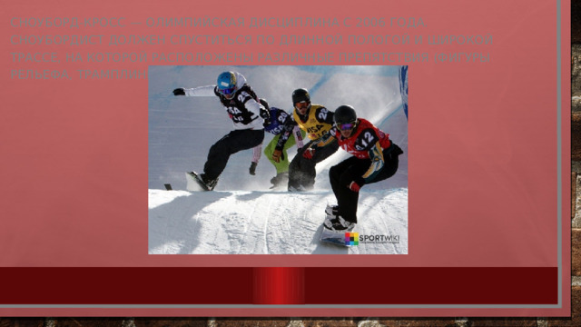 Сноуборд-кросс — олимпийская дисциплина с 2006 года. Сноубордист должен спуститься по длинной пологой и широкой трассе, на которой расположены различные препятствия (фигуры рельефа, трамплины).  