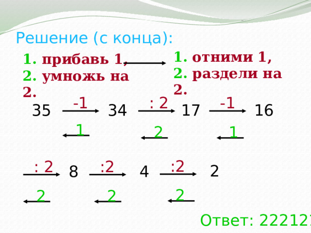 Решение (с конца): 1. отними 1, 2. раздели на 2. 1. прибавь 1, 2. умножь на 2. -1 : 2 -1 17 34 16 35 1 2 1 :2 : 2 :2 2 4 8 2 2 2 Ответ: 222121 