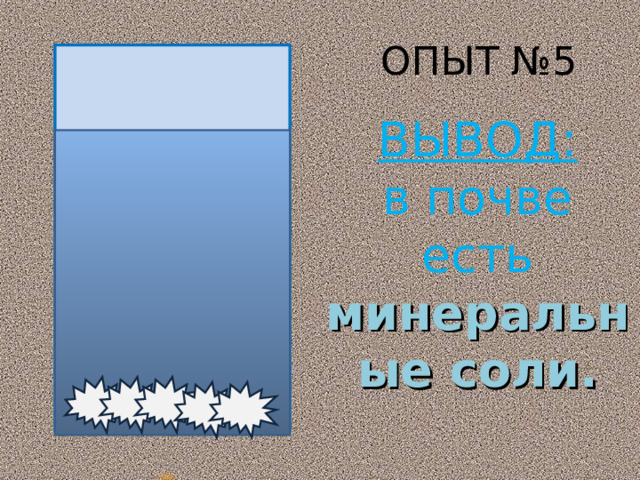 ОПЫТ №5 ВЫВОД: в почве есть минеральные соли.  