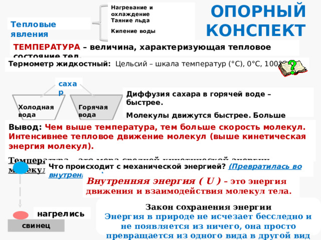 ОПОРНЫЙ КОНСПЕКТ Нагревание и охлаждение Таяние льда Кипение воды Плавление металлов Тепловые явления ТЕМПЕРАТУРА – величина, характеризующая тепловое состояние тел. Термометр жидкостный:  Цельсий – шкала температур (°C), 0°C, 100°C. сахар Диффузия сахара в горячей воде – быстрее. Молекулы движутся быстрее. Больше промежутки. Холодная  вода Горячая вода Вывод:  Чем выше температура, тем больше скорость молекул. Интенсивнее тепловое движение молекул (выше кинетическая энергия молекул). Температура – это мера средней кинетической энергии молекул тела. Что происходит с механической энергией? (Превратилась во внутреннюю) Внутренняя энергия ( U ) – это энергия движения и взаимодействия молекул тела. Закон сохранения энергии Энергия в природе не исчезает бесследно и не появляется из ничего, она просто превращается из одного вида в другой вид энергии. Р. Майер (нем). нагрелись свинец 