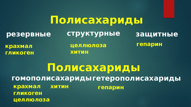 Полисахариды структурные защитные резервные гепарин  целлюлоза хитин  крахмал гликоген Полисахариды гомополисахариды гетерополисахариды крахмал хитин гликоген целлюлоза гепарин   