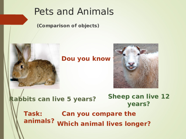 Pets and Animals (Comparison of objects) Dou you know that: Sheep can live 12 years? Rabbits can live 5 years? Task: Can you compare the animals? Which animal lives longer? 
