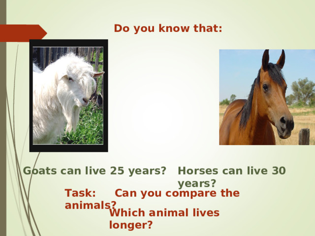 Do you know that: Goats can live 25 years? Horses can live 30 years? Task: Can you compare the animals? Which animal lives longer? 