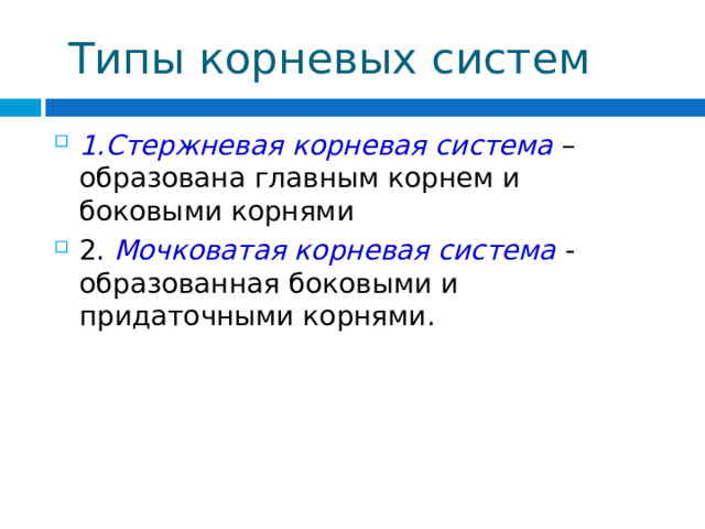  Типы корневых систем 1.Стержневая корневая система – образована главным корнем и боковыми корнями 2. Мочковатая корневая система - образованная боковыми и придаточными корнями. 