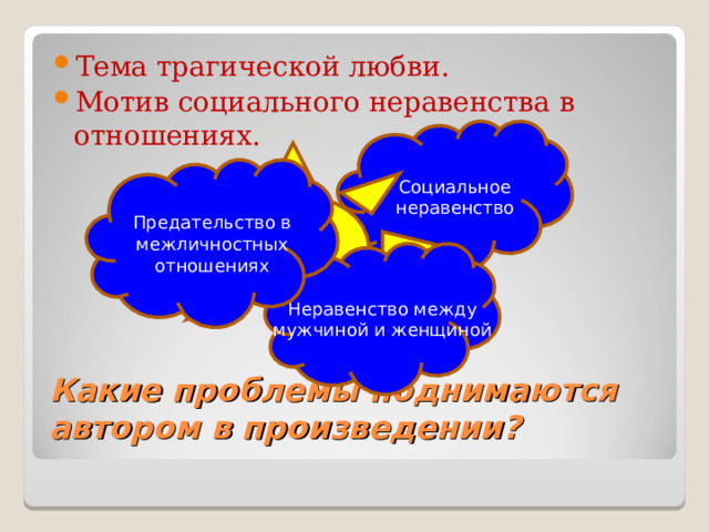 Тема трагической любви. Мотив социального неравенства в отношениях. Социальное неравенство ЛЮБОВЬ Предательство в межличностных отношениях Неравенство между мужчиной и женщиной Какие проблемы поднимаются автором в произведении? 