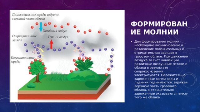   Формирование молнии Для формирования молнии необходимо возникновение и разделение положительных и отрицательных зарядов в грозовом облаке. При движении воздуха за счет конвекции различные воздушные потоки и облака в результате соприкосновения электризуются. Положительно заряженные капли воды и льдинки поднимаются, заряжая верхнюю часть грозового облака, а отрицательно заряженные оказываются внизу того же облака.  